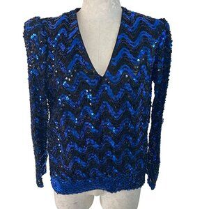 Three Flaggs Vintage Womens Top Size Medium Blue Sequin V Neck Long Sleeve